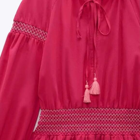 NWT Zara Smocked Dress Women's Size S Hot Pink Stitching Tassels Mini Summer - Picture 2 of 15